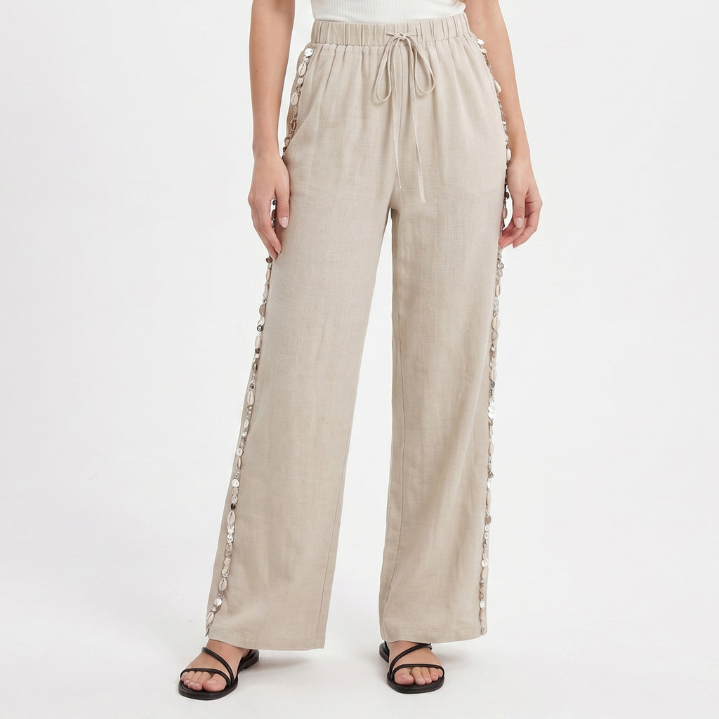 Anna-Kaci Women's Wide Leg Pants with Drawstring Waist and Side Sequin Trim