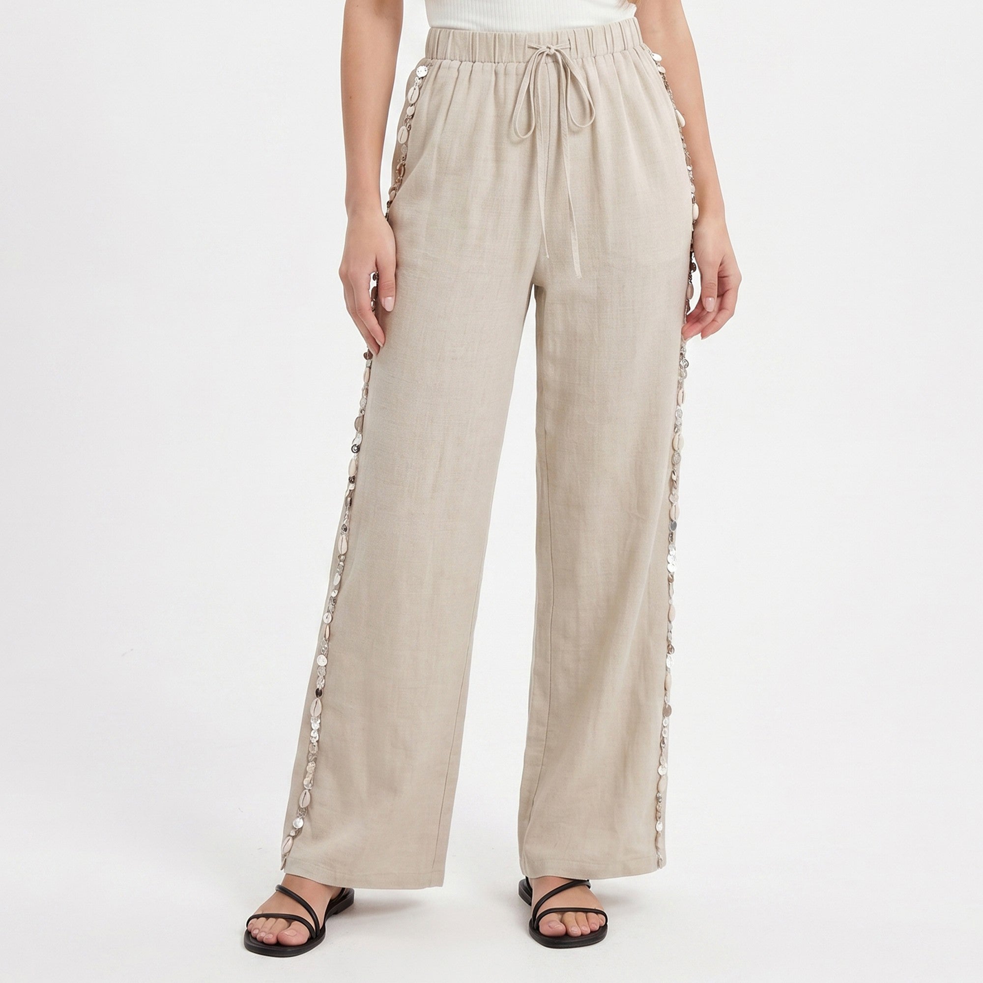 Anna-Kaci Women's Wide Leg Pants with Drawstring Waist and Side Sequin Trim