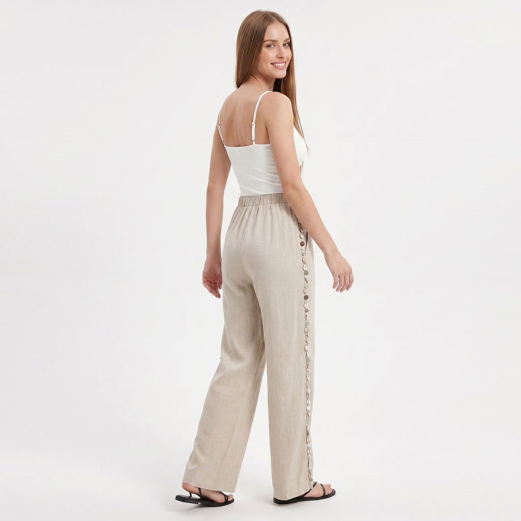 Anna-Kaci Women's Wide Leg Pants with Drawstring Waist and Side Sequin Trim