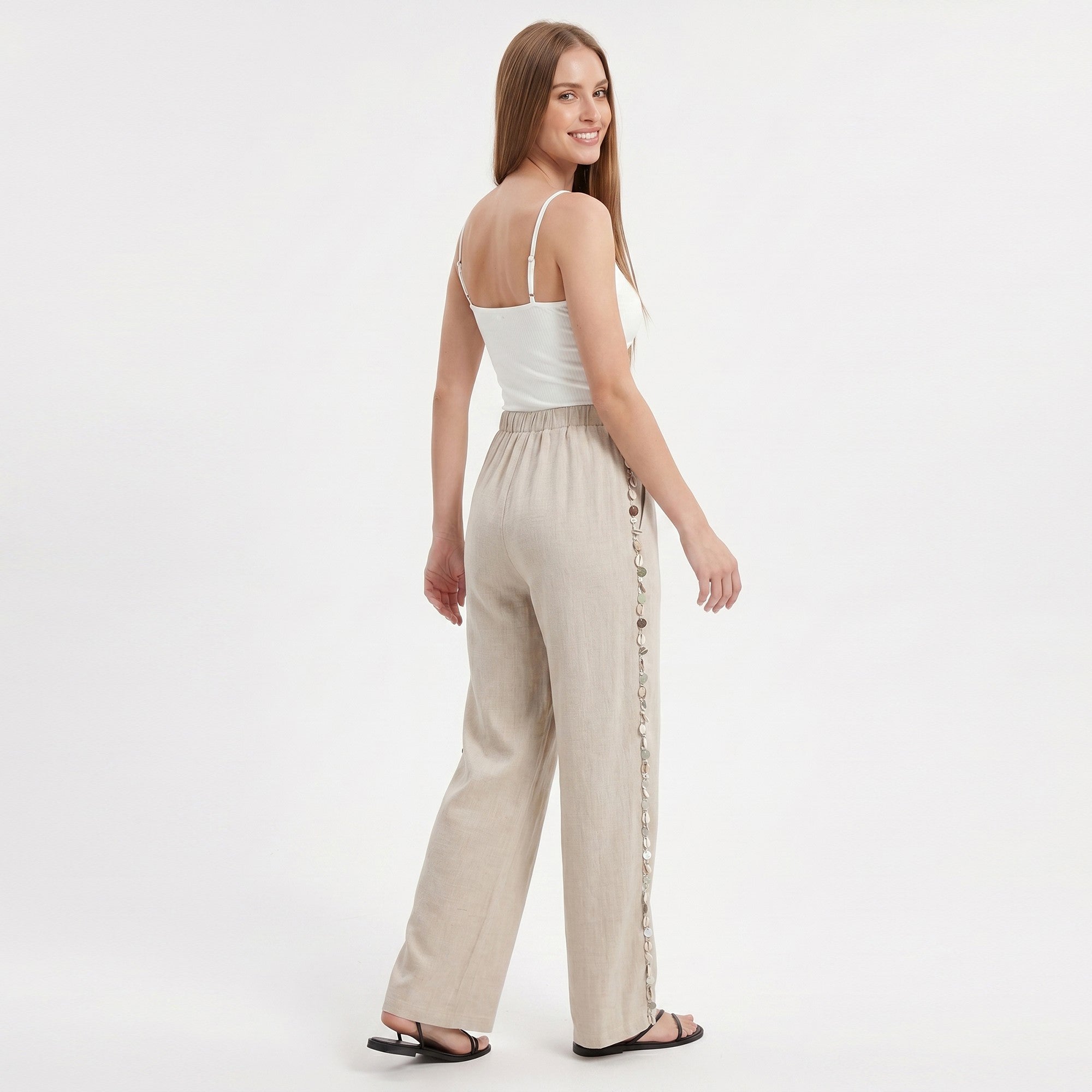 Anna-Kaci Women's Wide Leg Pants with Drawstring Waist and Side Sequin Trim