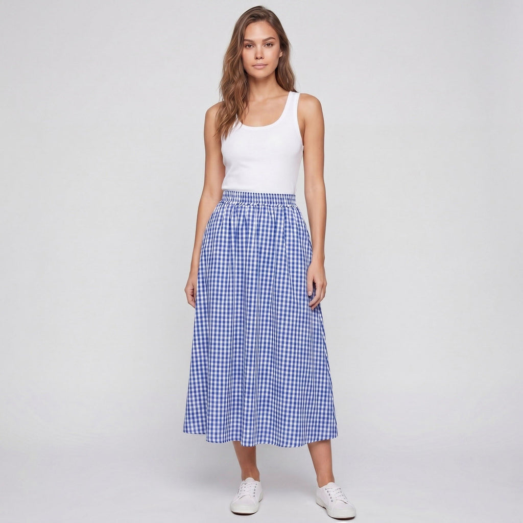Falda midi de cuadros vichy con cintura fruncida, corte en A fruncido y bolsillos laterales