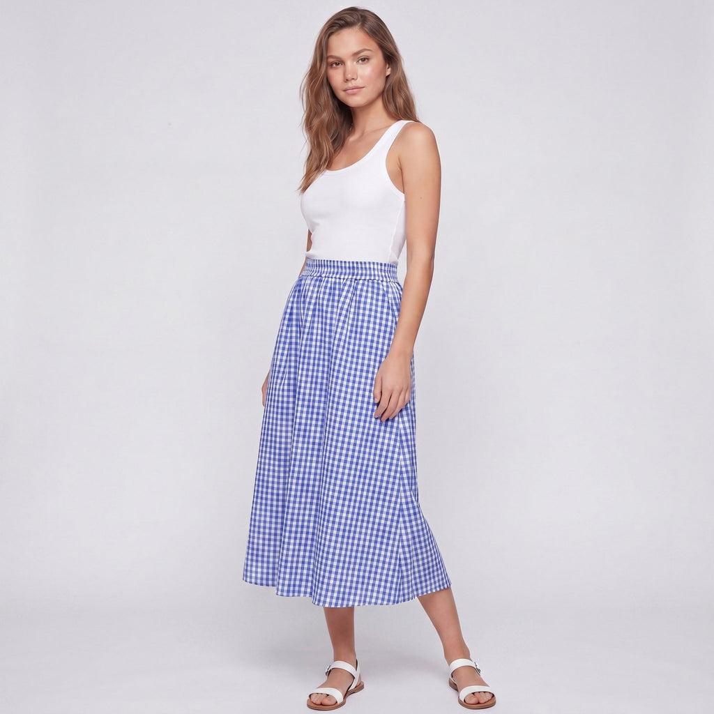 Falda midi de cuadros vichy con cintura fruncida, corte en A fruncido y bolsillos laterales