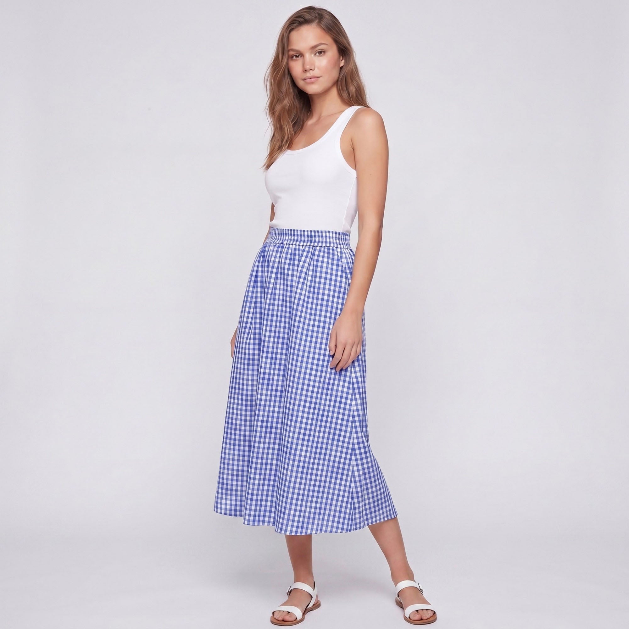 Falda midi de cuadros vichy con cintura fruncida, corte en A fruncido y bolsillos laterales