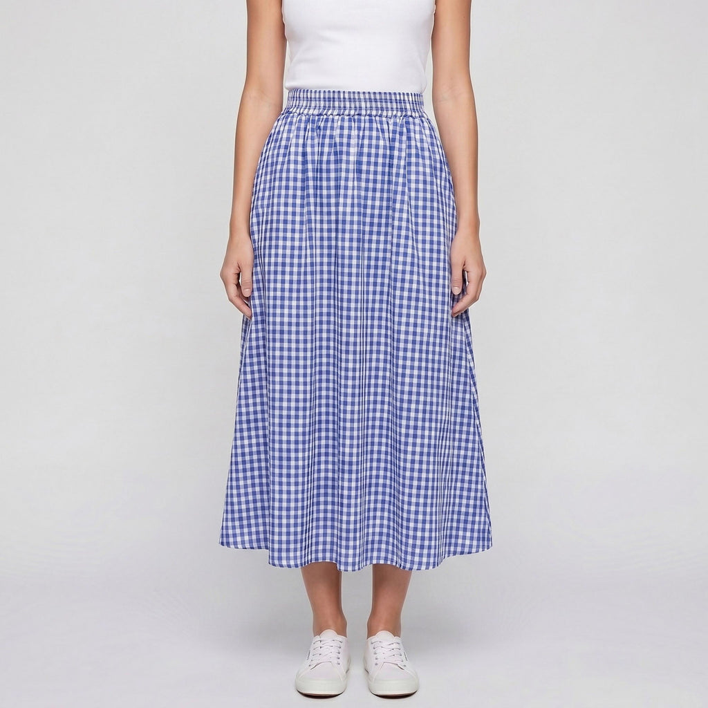 Falda midi de cuadros vichy con cintura fruncida, corte en A fruncido y bolsillos laterales