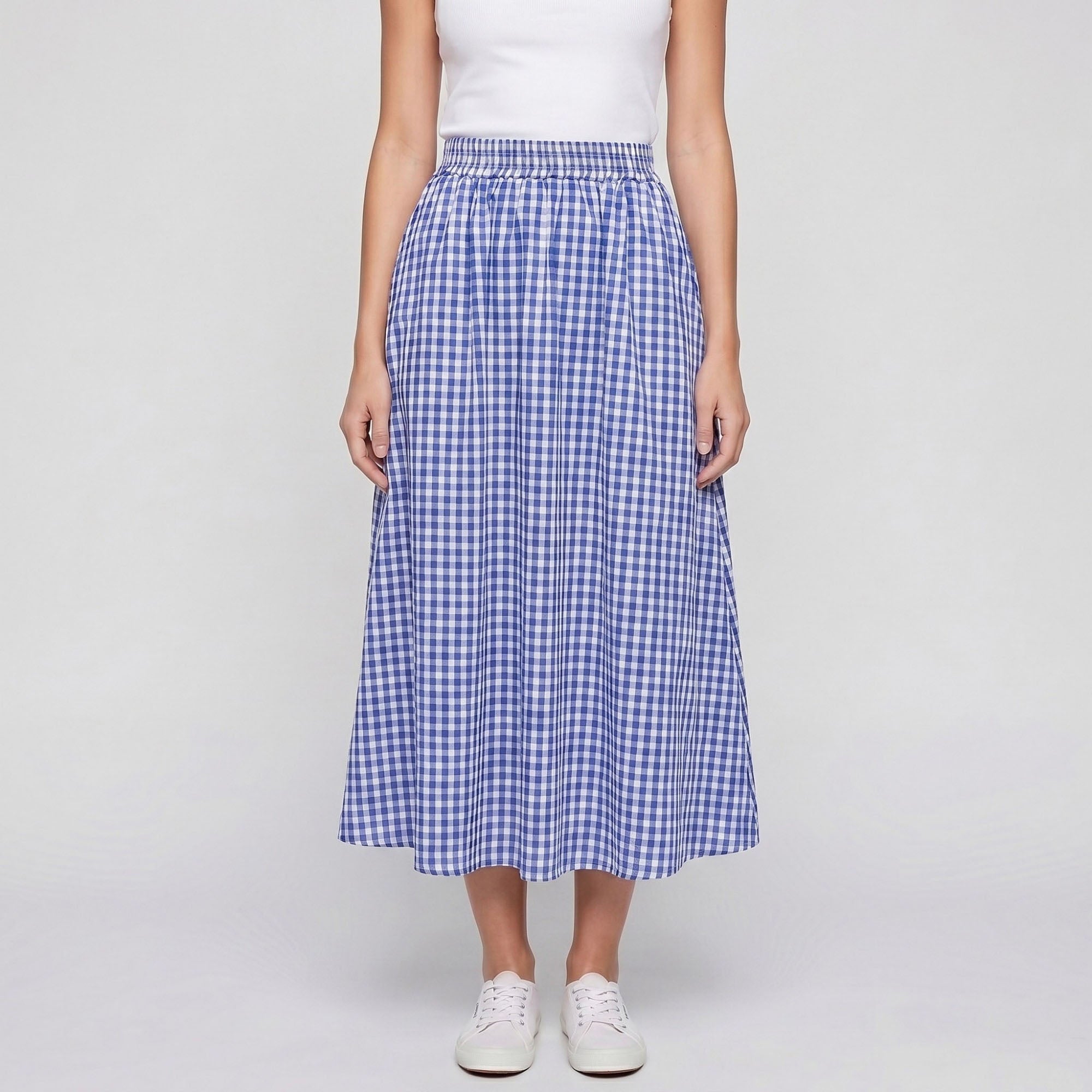 Falda midi de cuadros vichy con cintura fruncida, corte en A fruncido y bolsillos laterales