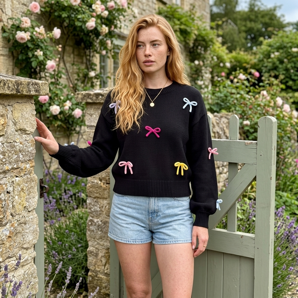 Colorful Bow Crew Neck Long Sleeve Knit Sweater