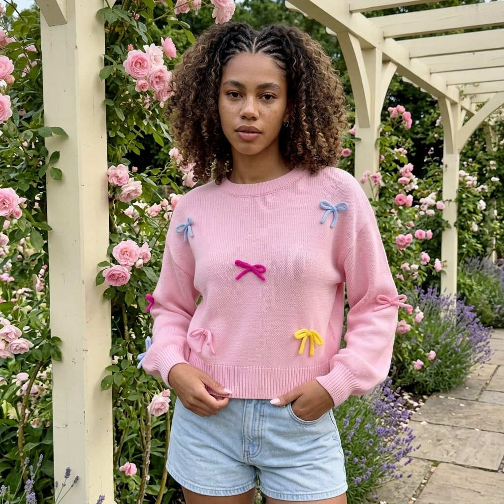 Colorful Bow Crew Neck Long Sleeve Knit Sweater