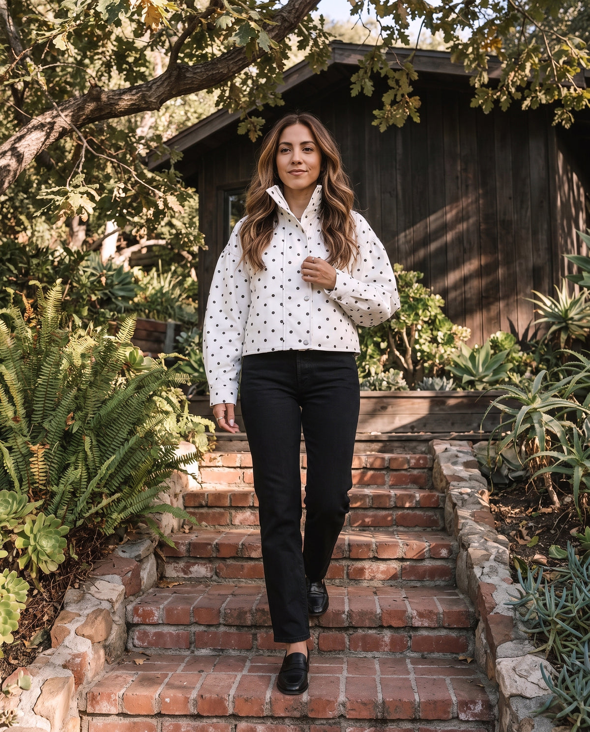 Polka Dot Stand Collar Cropped Jacket Snap Front Relaxed Fit Long Sleeve