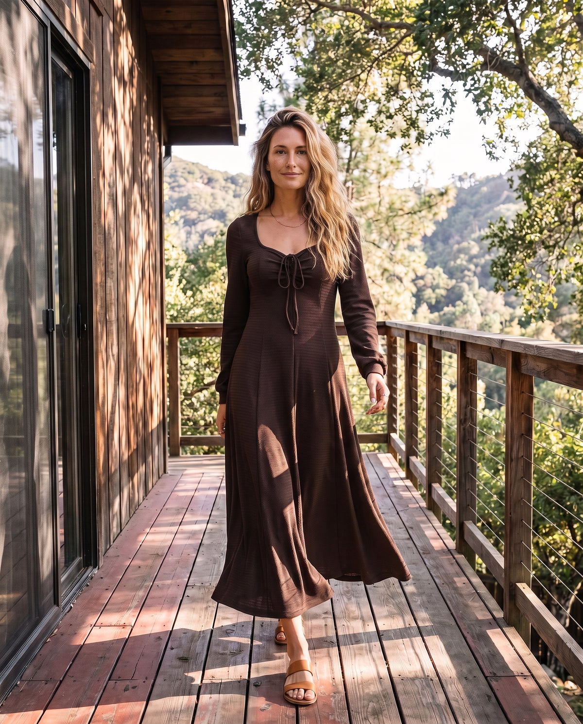 Tie Front Maxi Dress Square Neck Long Sleeve Fit and Flare Textured Dress