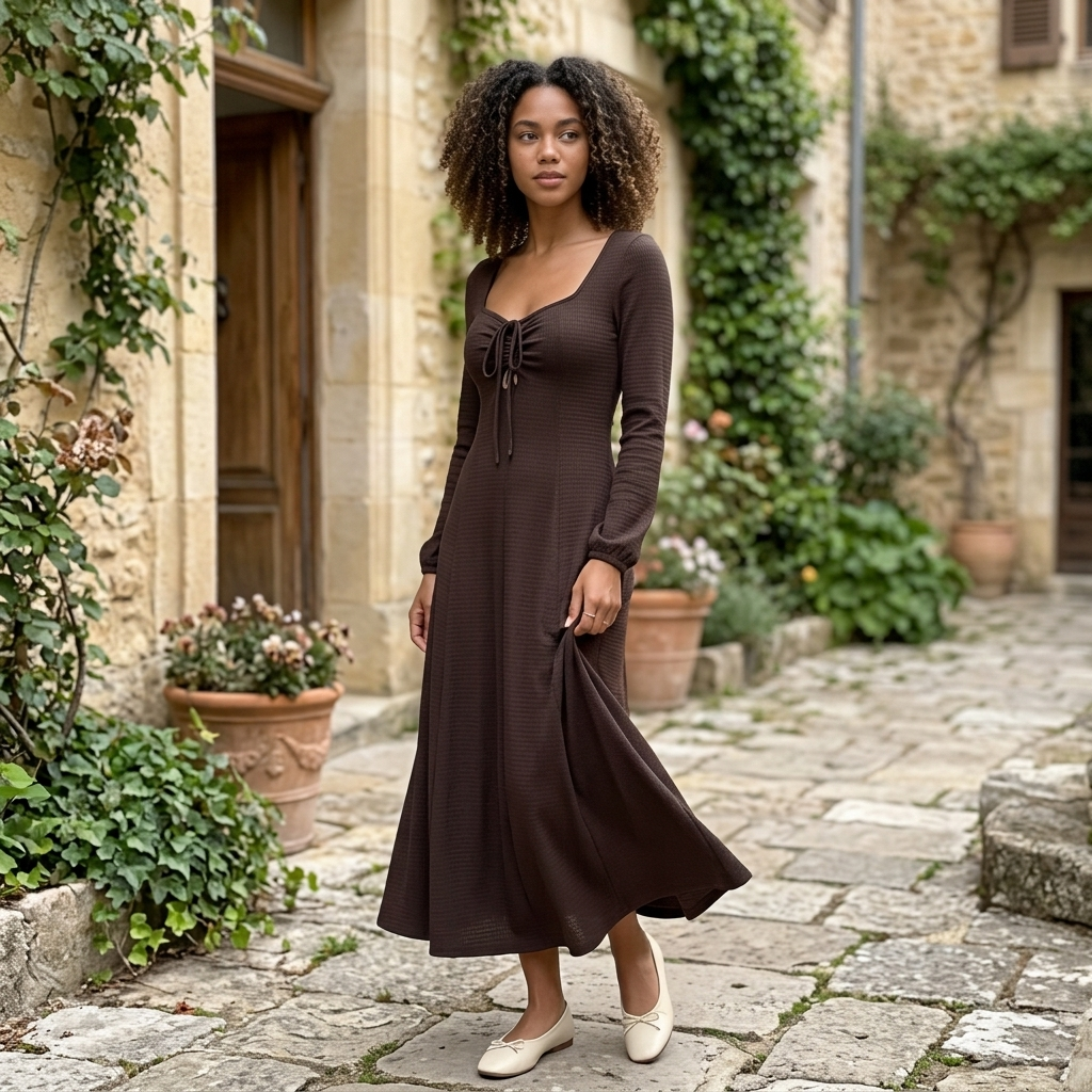 Tie Front Maxi Dress Square Neck Long Sleeve Fit and Flare Textured Dress