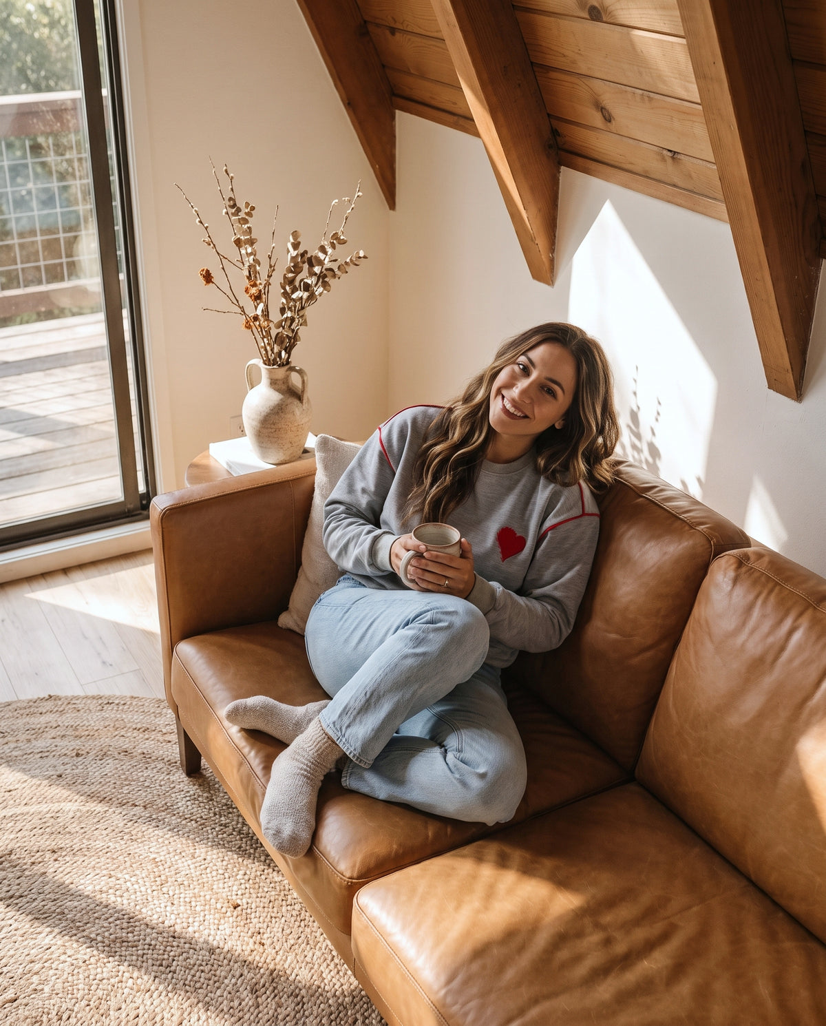 Heart Patch Crew Neck Contrast Trim Relaxed Sweatshirt