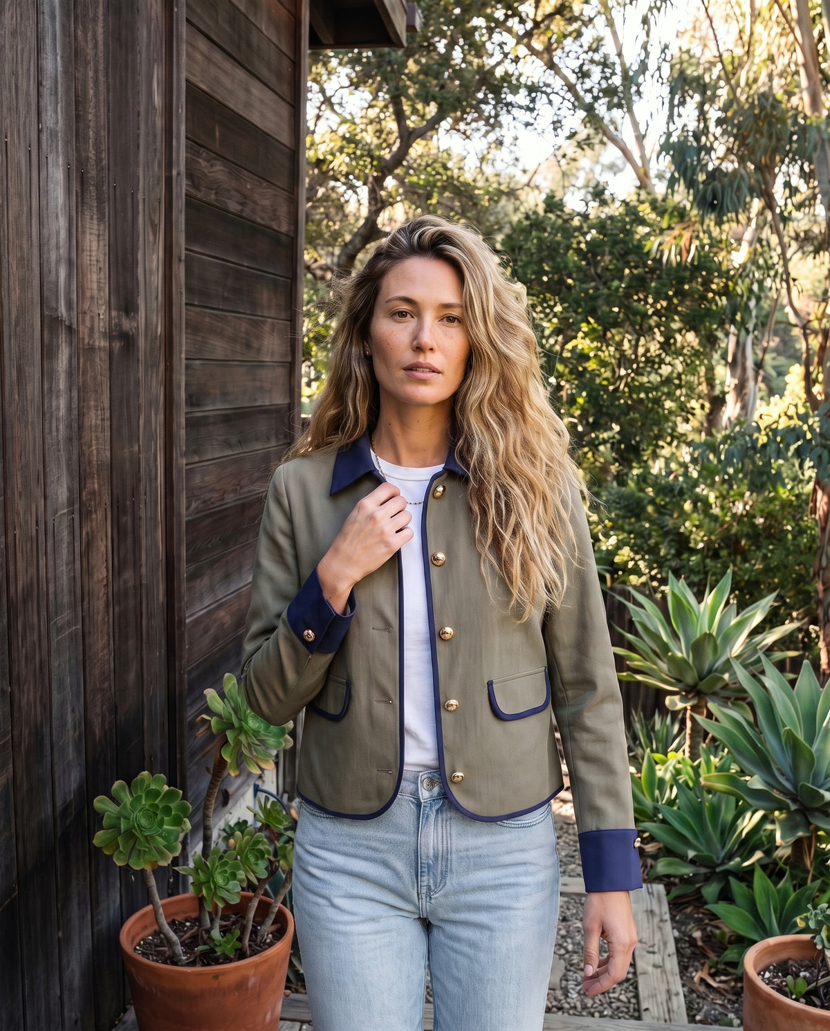 Contrast Trim Button Front Collared Jacket