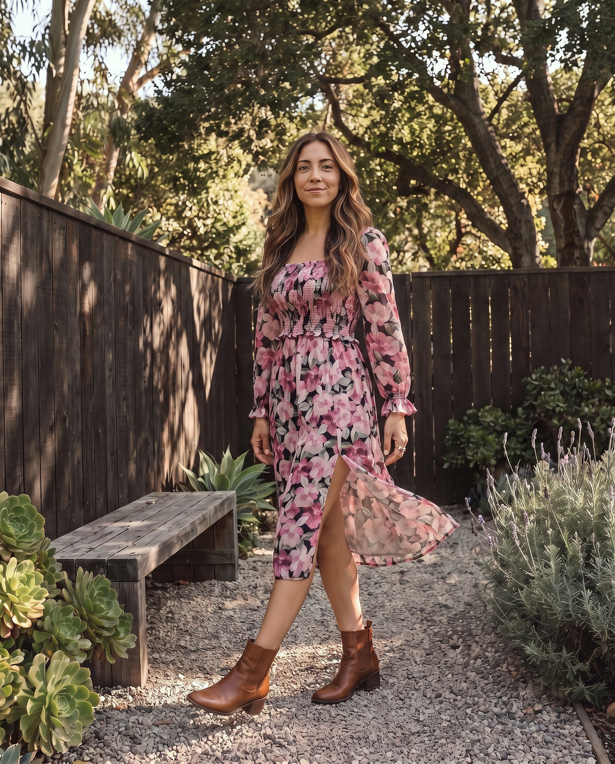 Floral Smocked Square Neck Long Sleeve Midi Dress