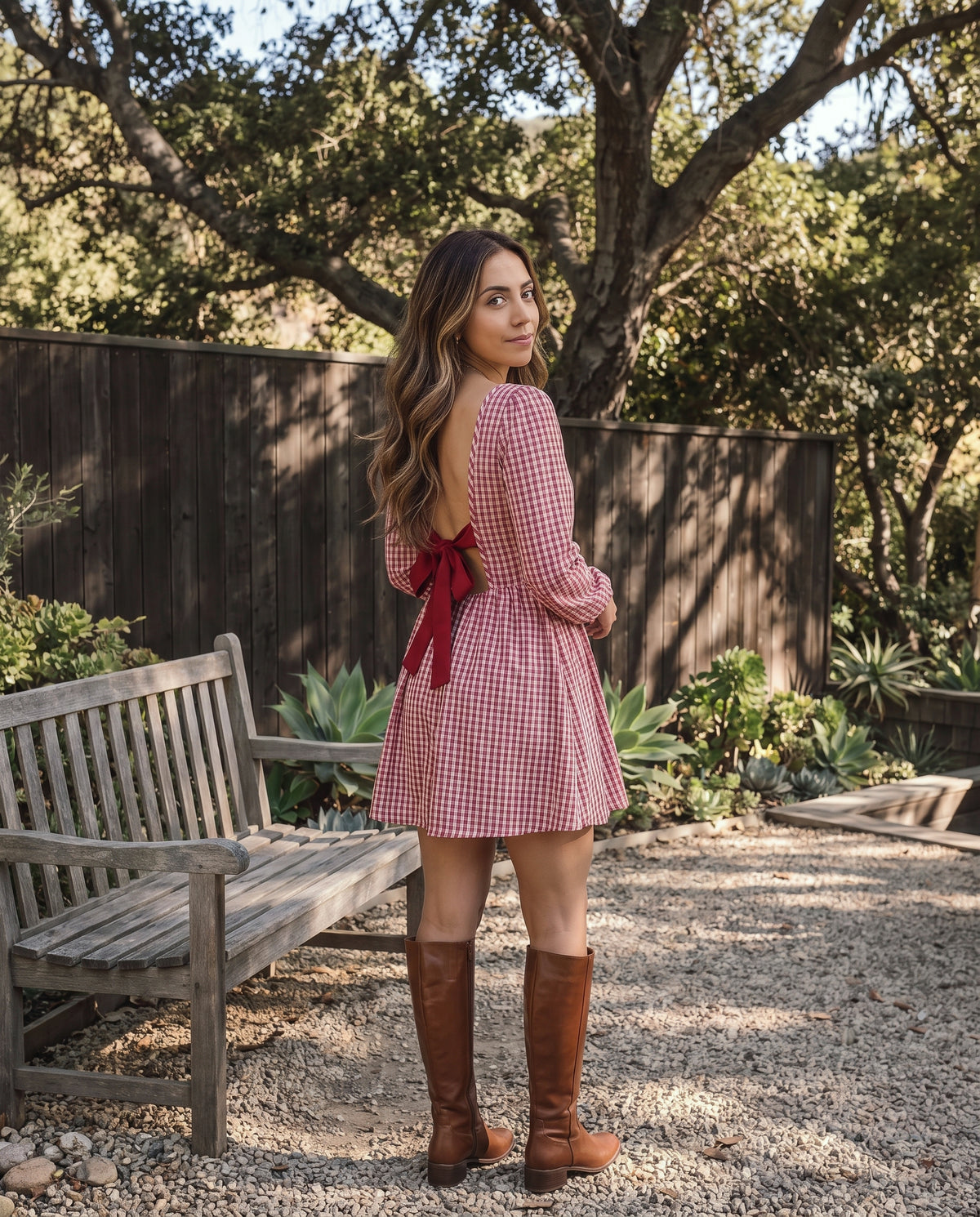 Red Gingham Long Sleeve Open Back Bow Fit and Flare Mini Dress