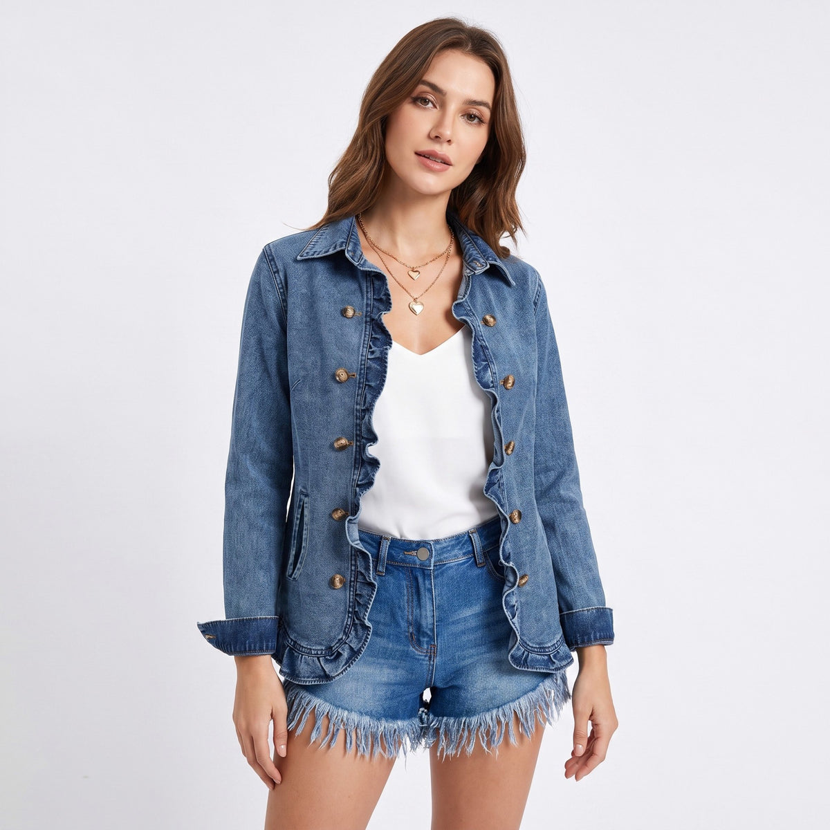 Ruffle Trim Denim Jacket Long Sleeve Button Front Jean Blazer with Collared Neck