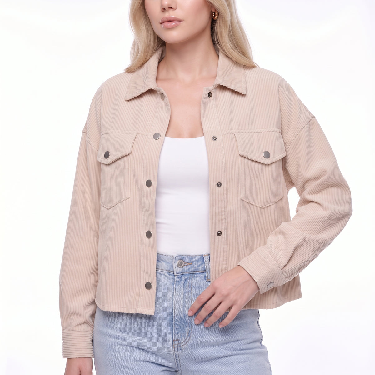 Corduroy Snap Button Cropped Shirt Jacket