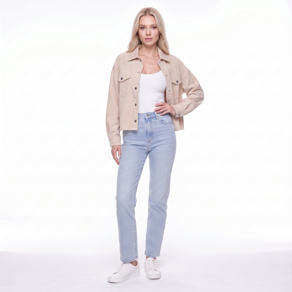 Corduroy Snap Button Cropped Shirt Jacket