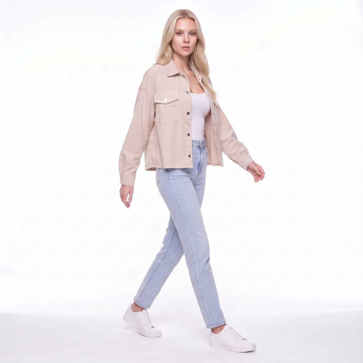 Corduroy Snap Button Cropped Shirt Jacket