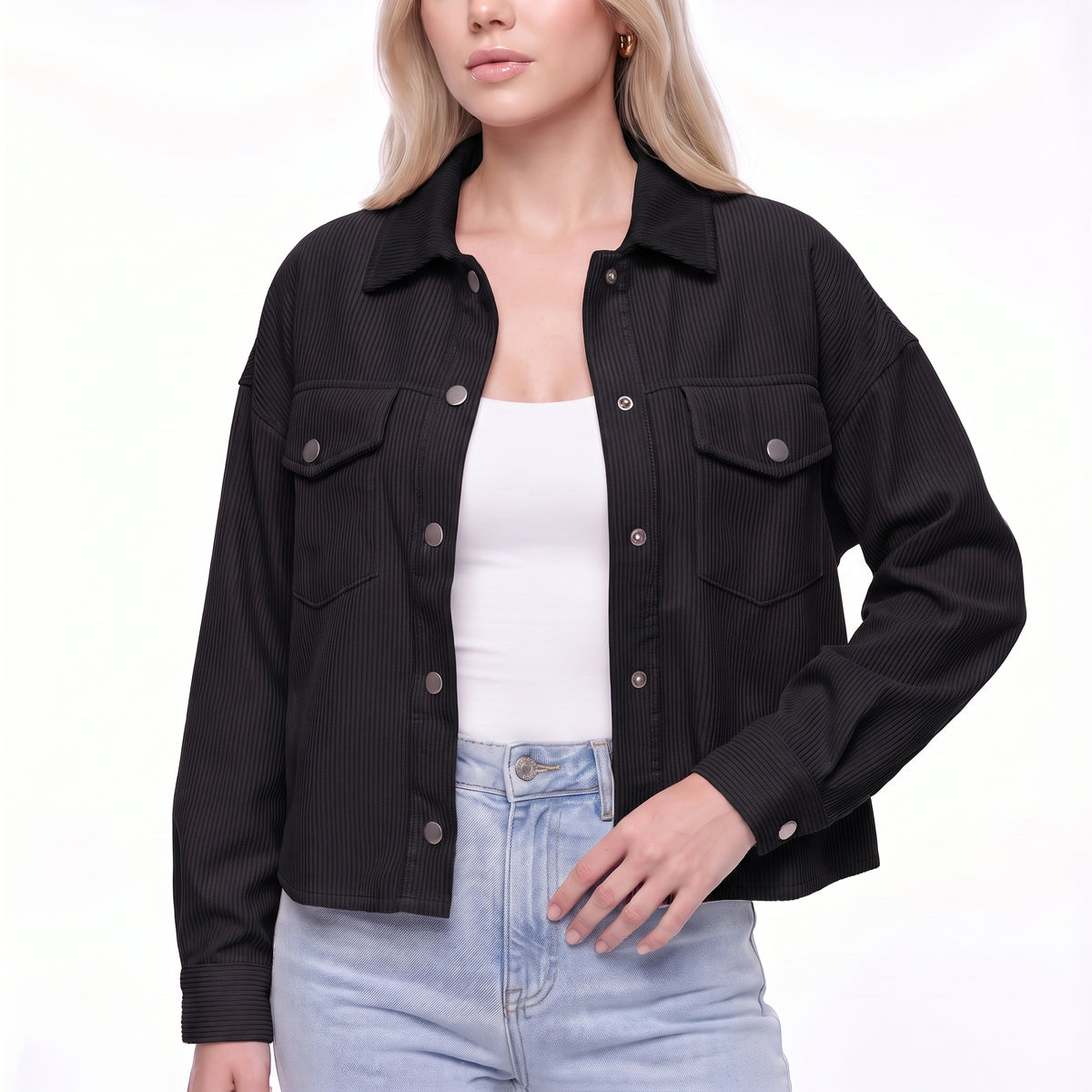 Corduroy Snap Button Cropped Shirt Jacket