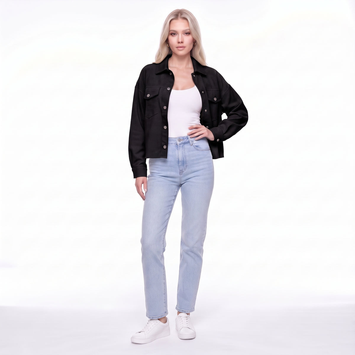 Corduroy Snap Button Cropped Shirt Jacket