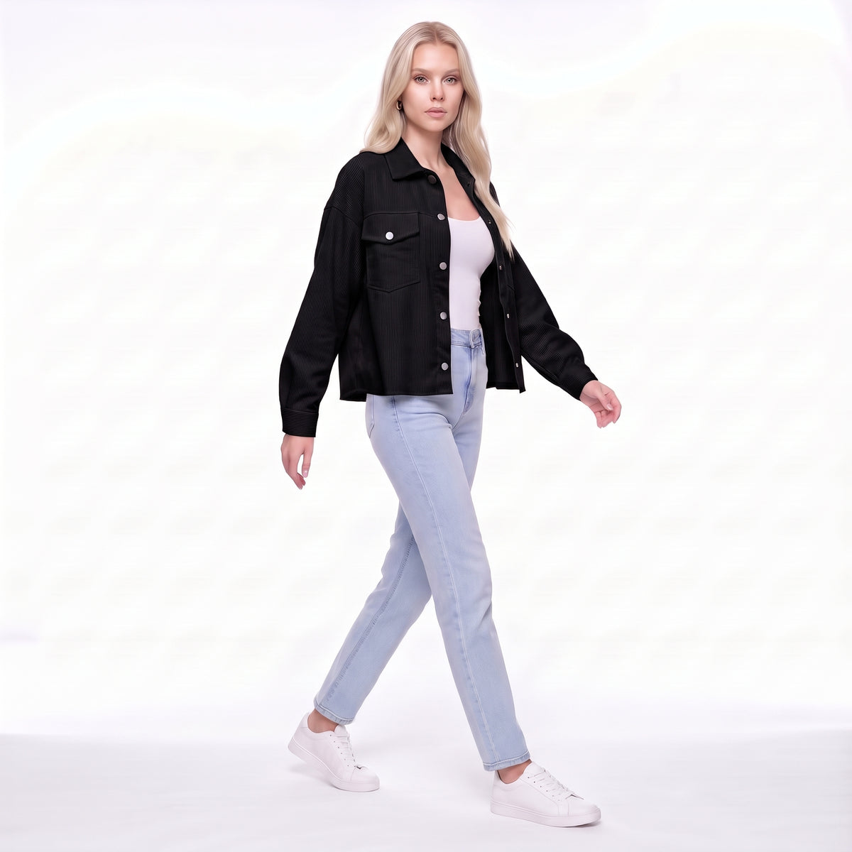 Corduroy Snap Button Cropped Shirt Jacket