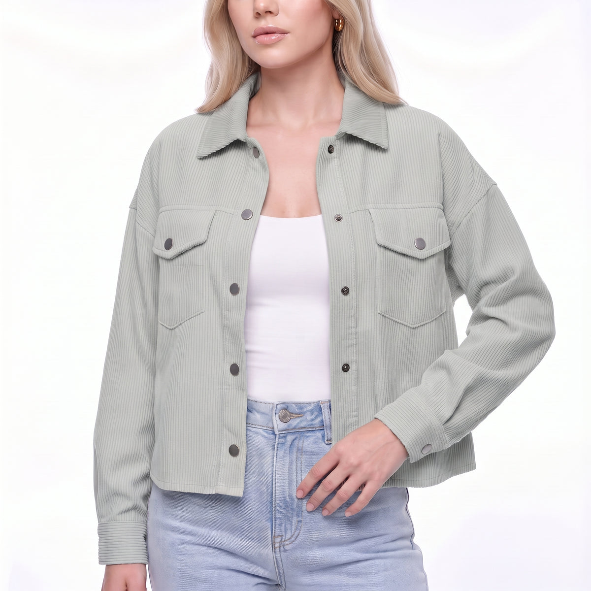 Corduroy Snap Button Cropped Shirt Jacket
