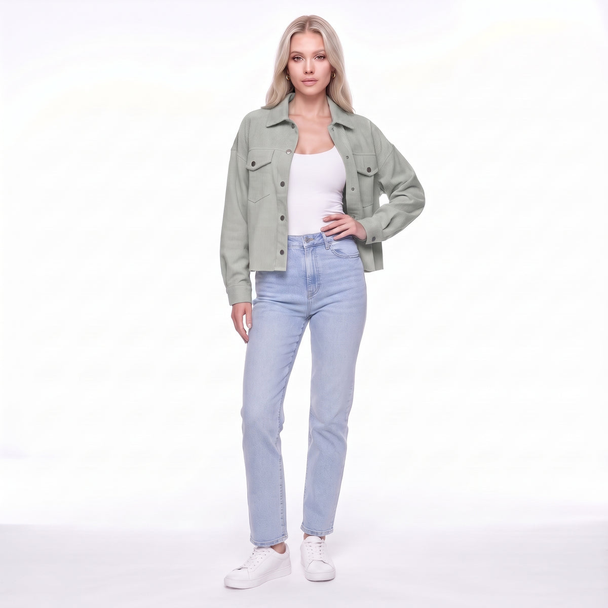 Corduroy Snap Button Cropped Shirt Jacket