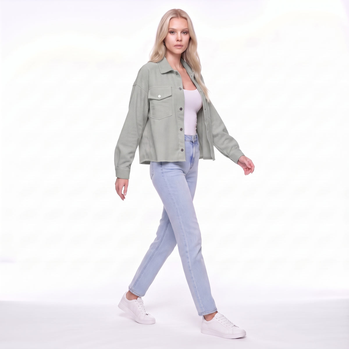 Corduroy Snap Button Cropped Shirt Jacket