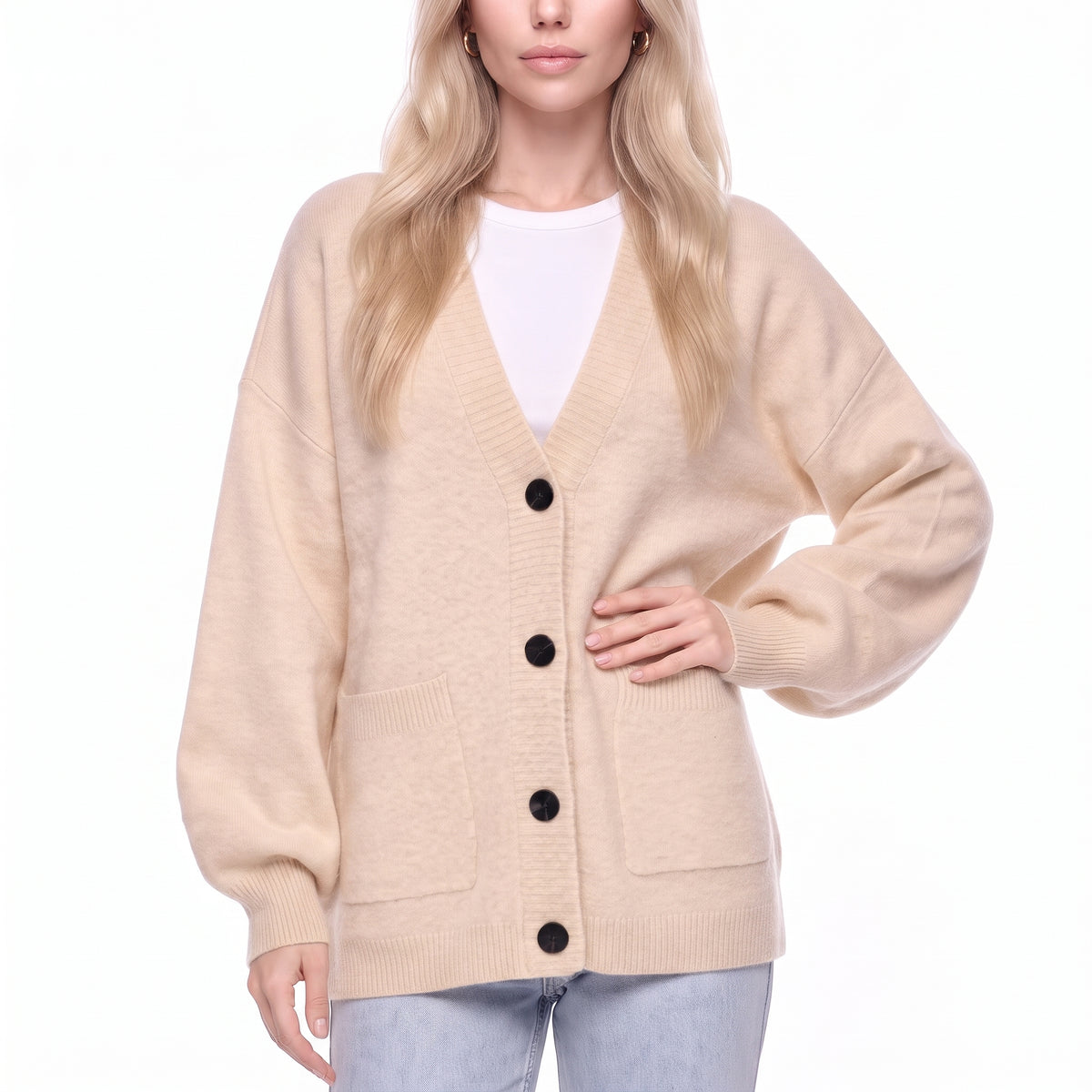 V-Neck Button Front Oversized Knit Cardigan Sweater