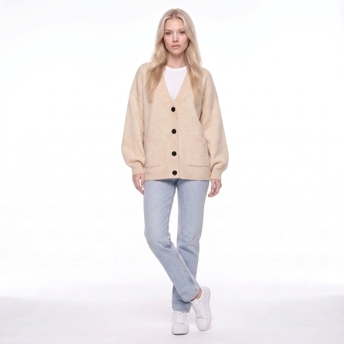 V-Neck Button Front Oversized Knit Cardigan Sweater