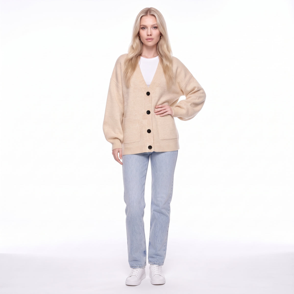 V-Neck Button Front Oversized Knit Cardigan Sweater