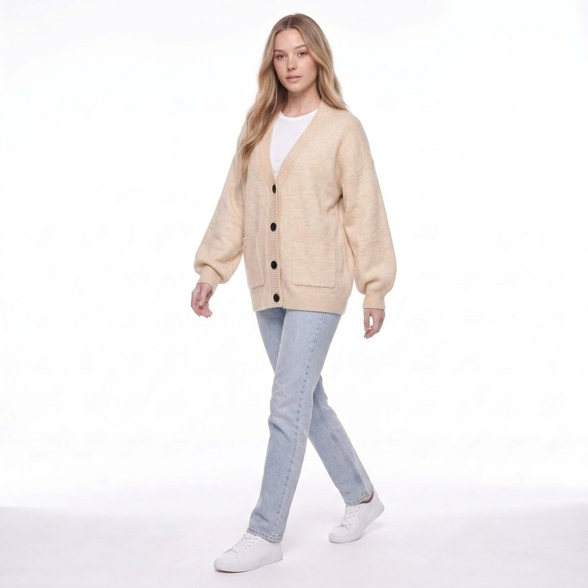 V-Neck Button Front Oversized Knit Cardigan Sweater