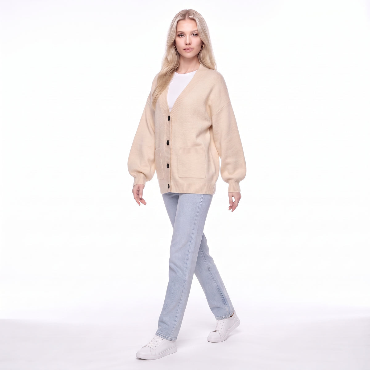 V-Neck Button Front Oversized Knit Cardigan Sweater