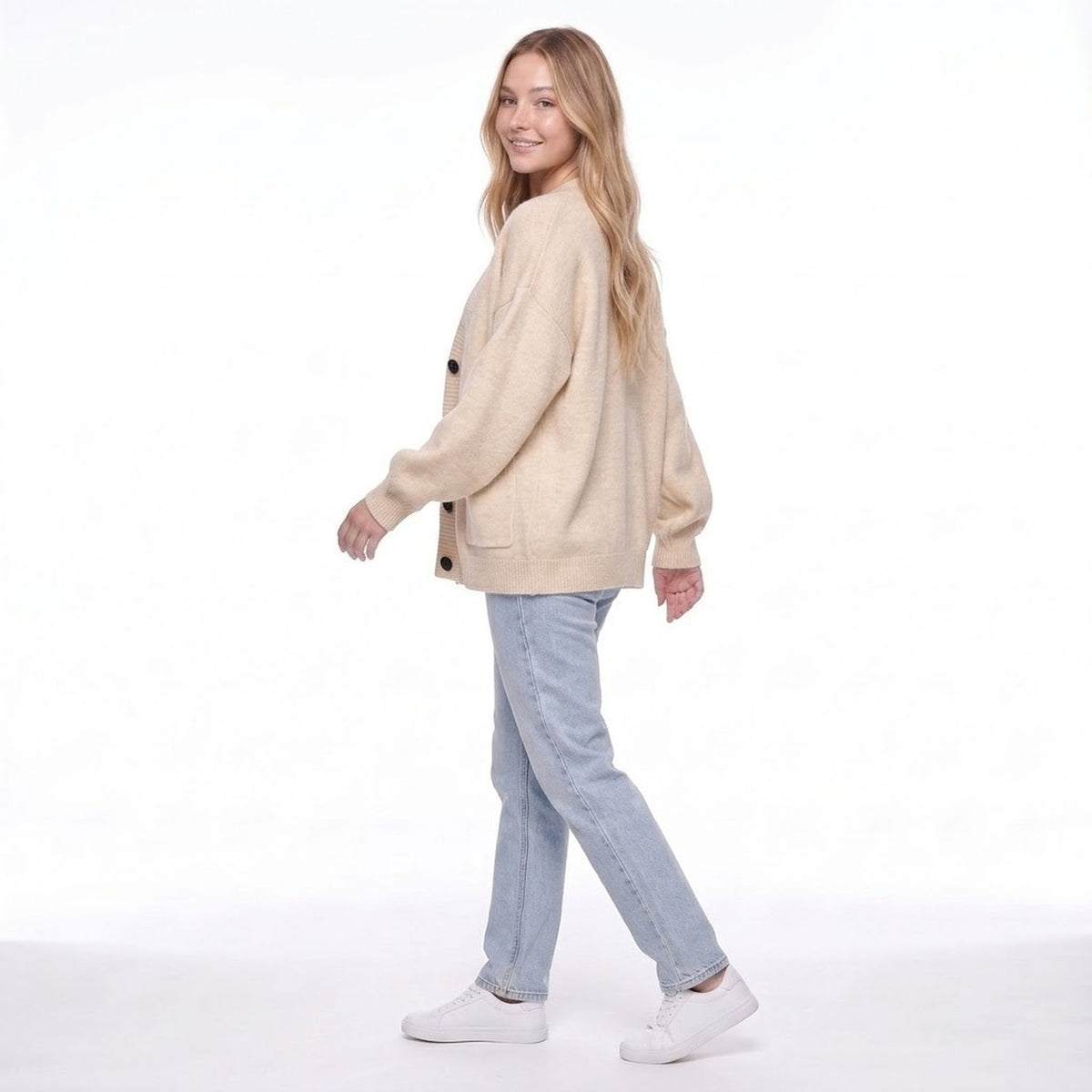 V-Neck Button Front Oversized Knit Cardigan Sweater