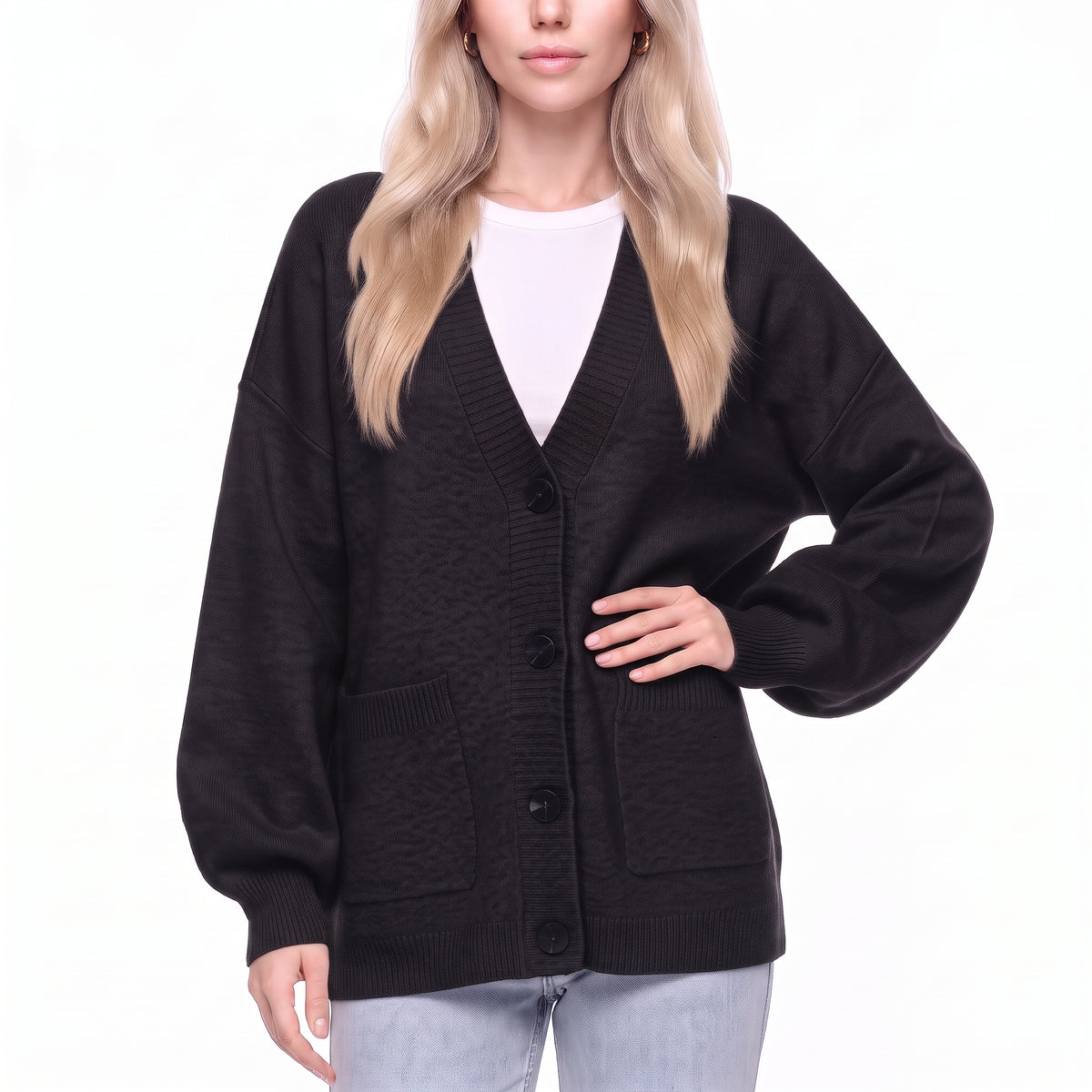 V-Neck Button Front Oversized Knit Cardigan Sweater