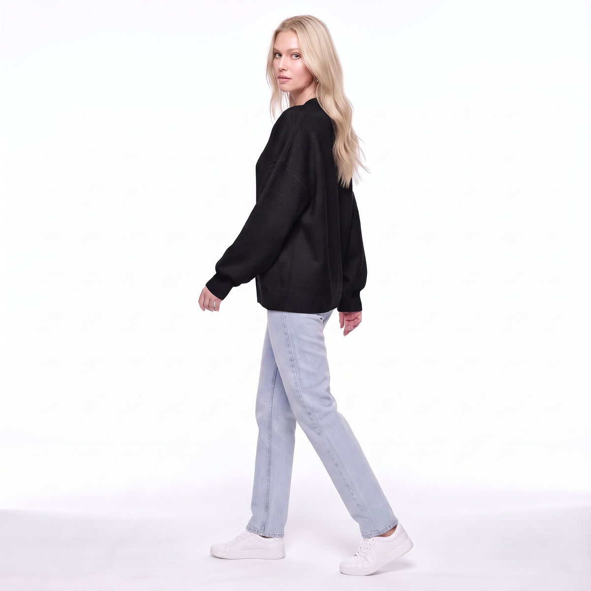 V-Neck Button Front Oversized Knit Cardigan Sweater