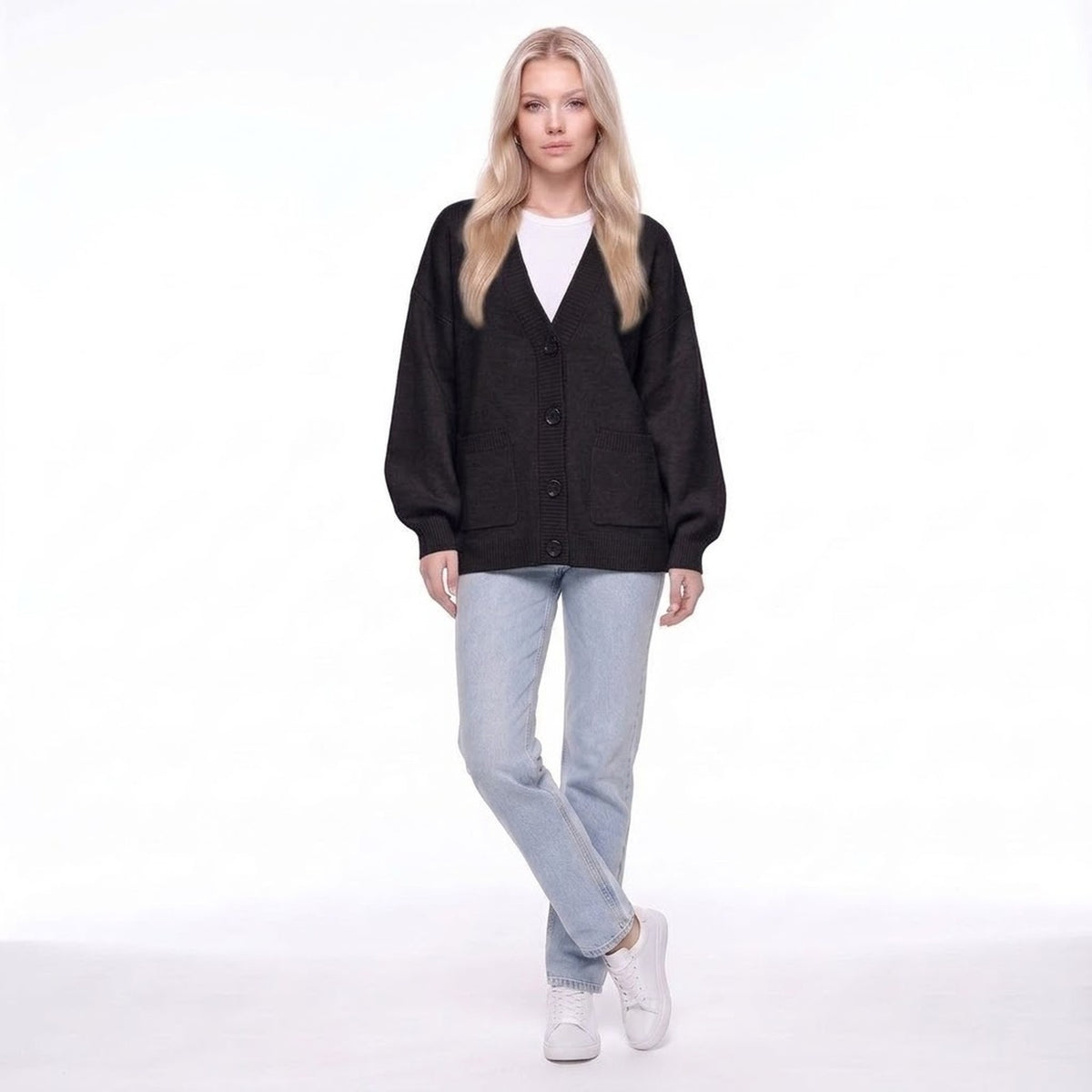 V-Neck Button Front Oversized Knit Cardigan Sweater
