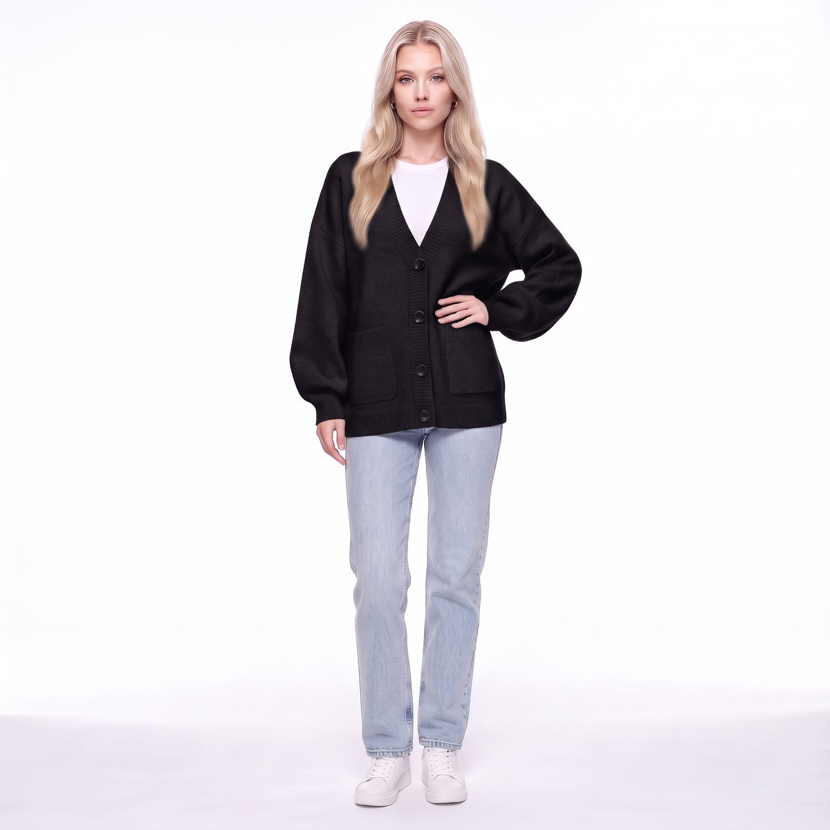 V-Neck Button Front Oversized Knit Cardigan Sweater