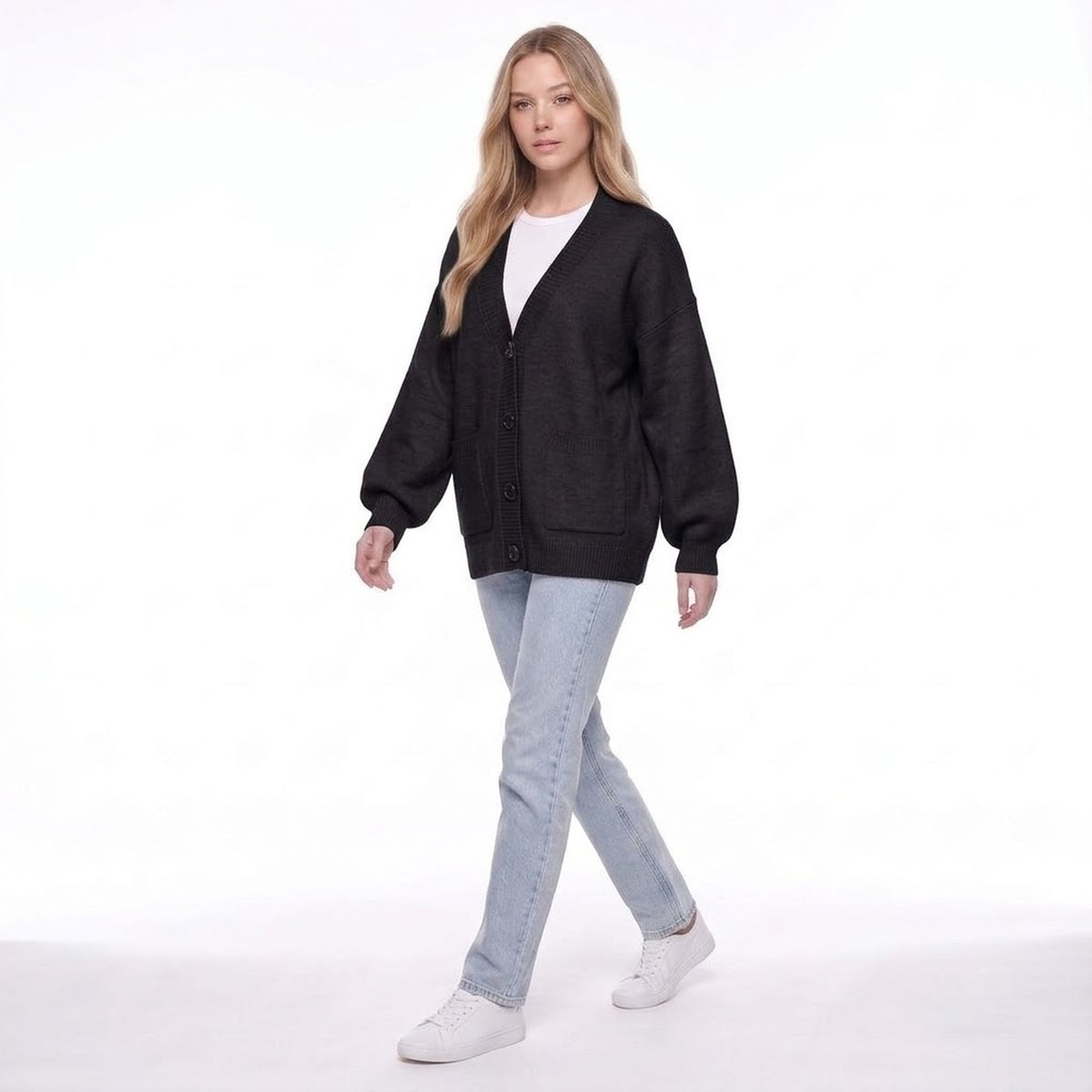 V-Neck Button Front Oversized Knit Cardigan Sweater
