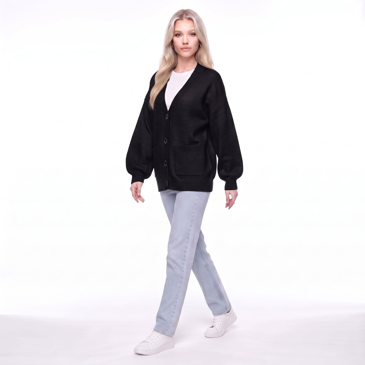 V-Neck Button Front Oversized Knit Cardigan Sweater