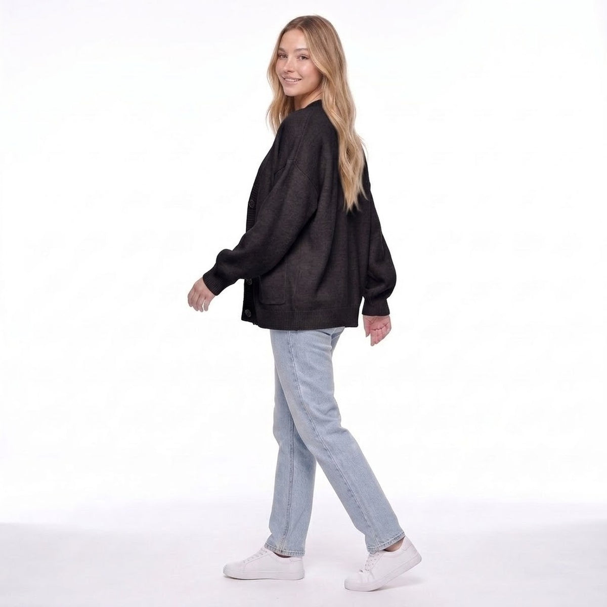 V-Neck Button Front Oversized Knit Cardigan Sweater