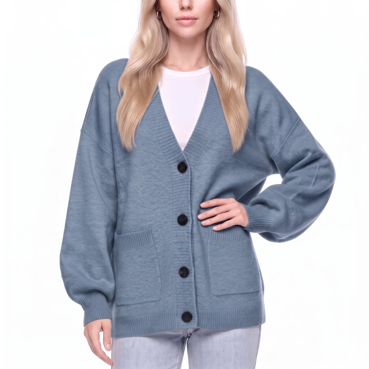 V-Neck Button Front Oversized Knit Cardigan Sweater