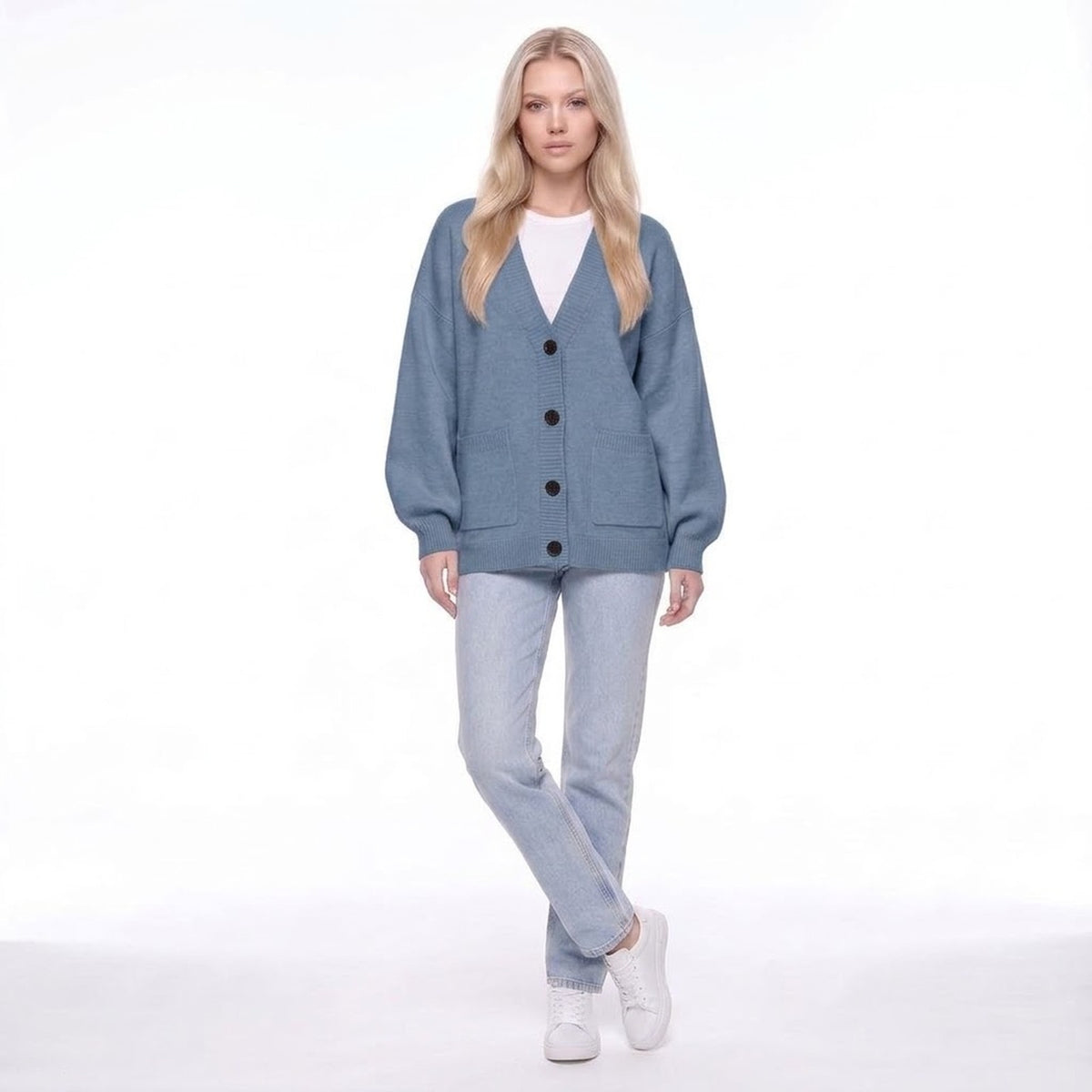 V-Neck Button Front Oversized Knit Cardigan Sweater