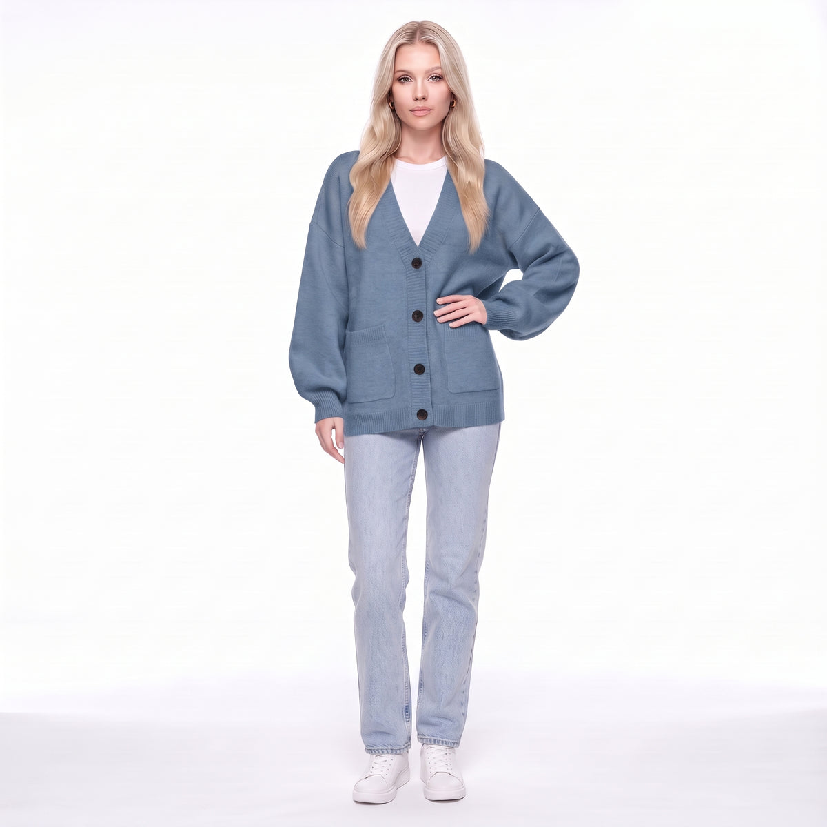 V-Neck Button Front Oversized Knit Cardigan Sweater