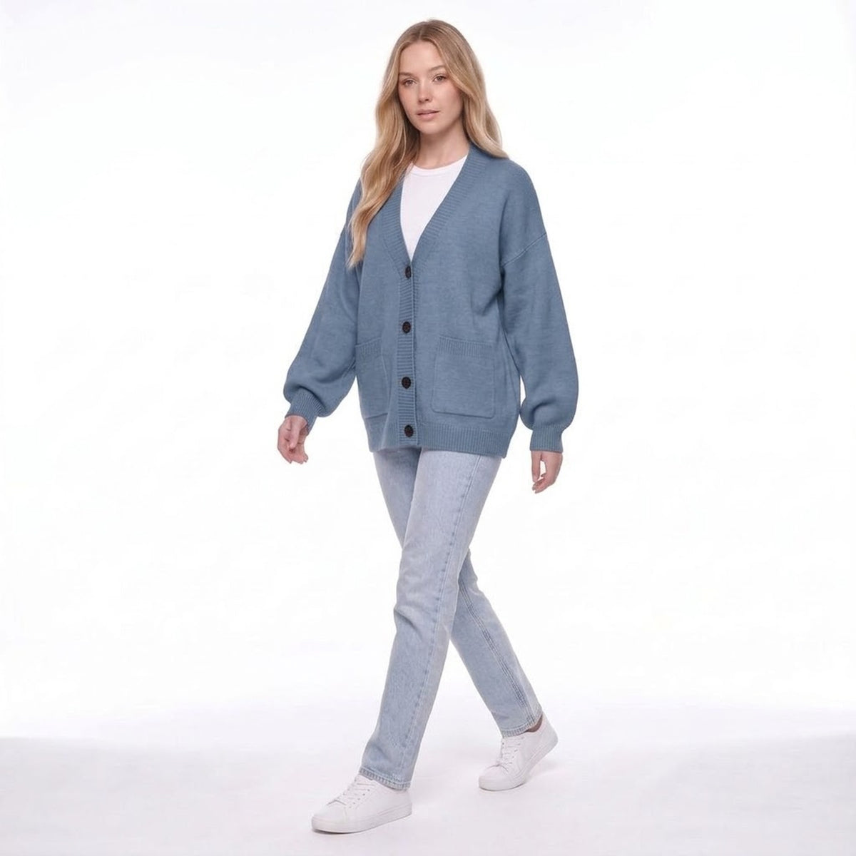 V-Neck Button Front Oversized Knit Cardigan Sweater