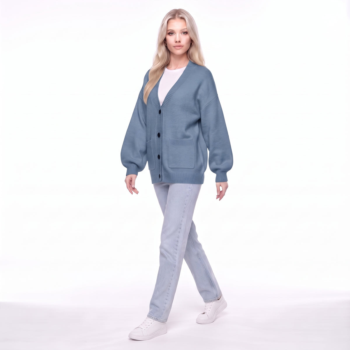 V-Neck Button Front Oversized Knit Cardigan Sweater