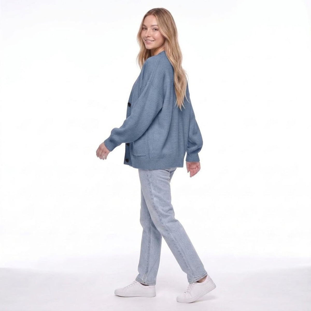 V-Neck Button Front Oversized Knit Cardigan Sweater