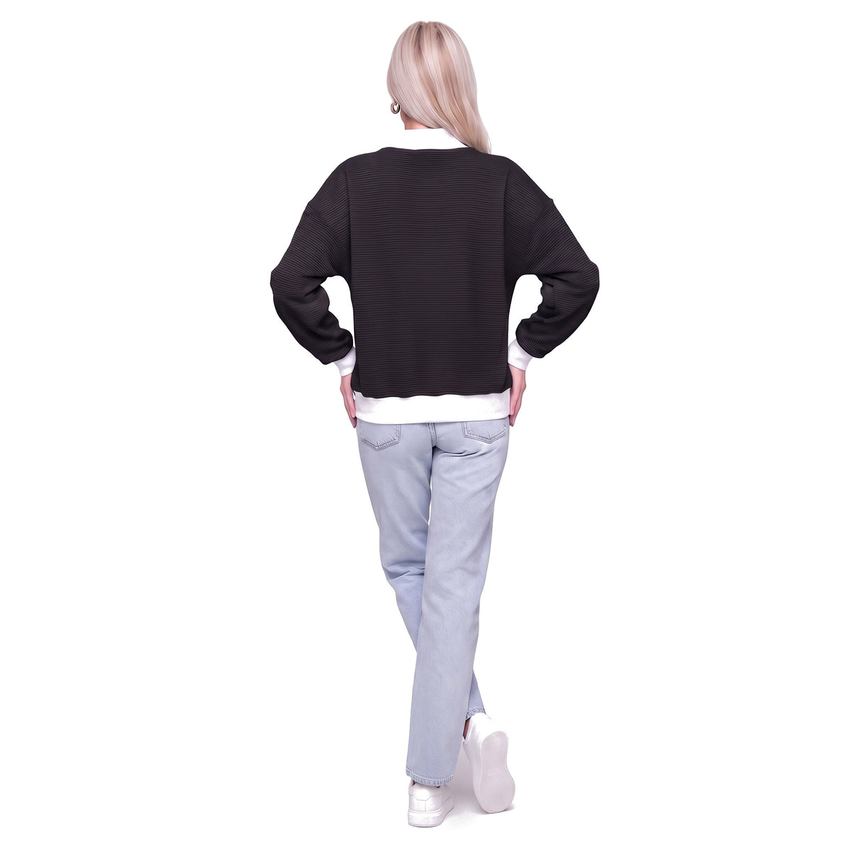 Color Block Mock Neck Striped Knit Pullover Sweatshirt Top