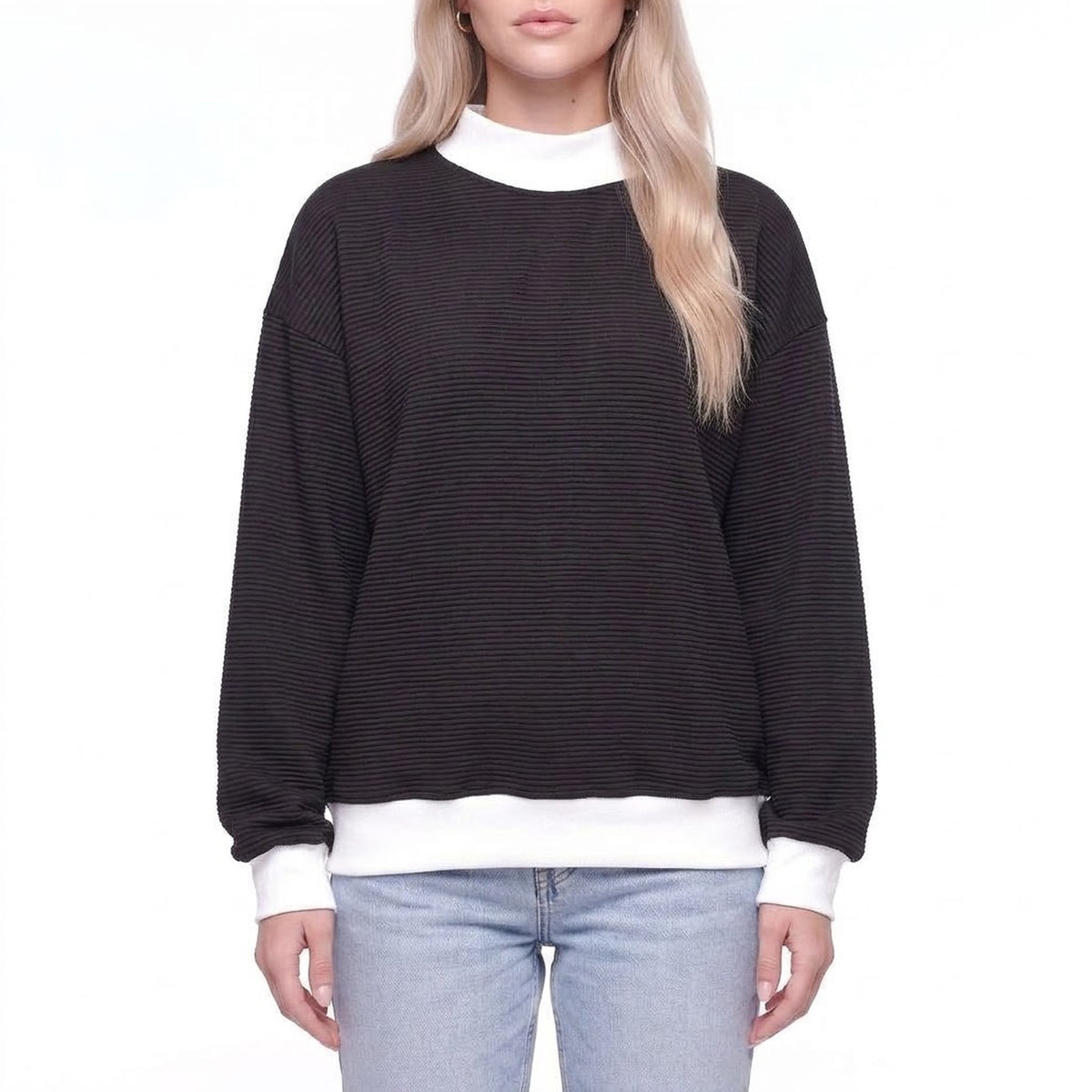 Color Block Mock Neck Striped Knit Pullover Sweatshirt Top