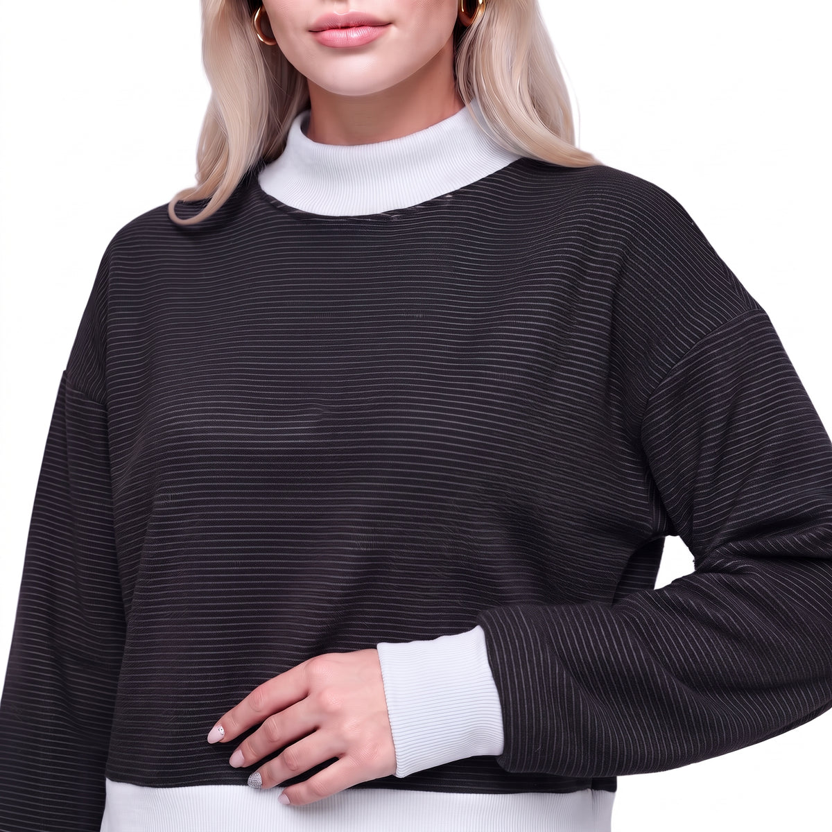 Color Block Mock Neck Striped Knit Pullover Sweatshirt Top
